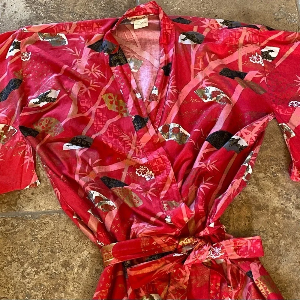 Japanese Red Pink Fan Bamboo Print Kimono Yukata Robe One Size-Made in Japan